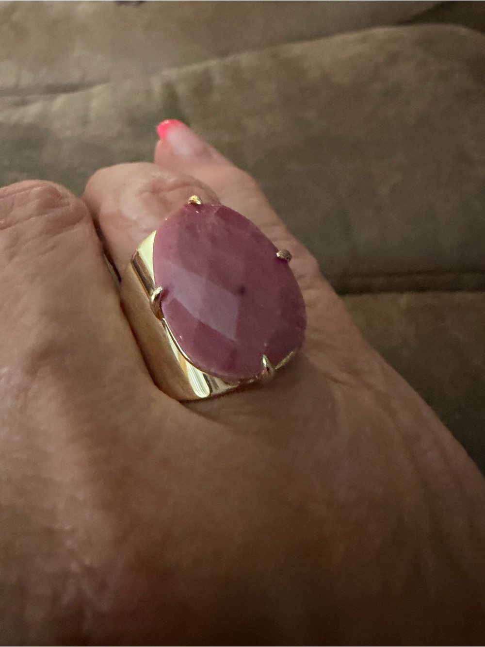 Gold-Tone Ring with Strawberry Quartz Faceted Oval Stone